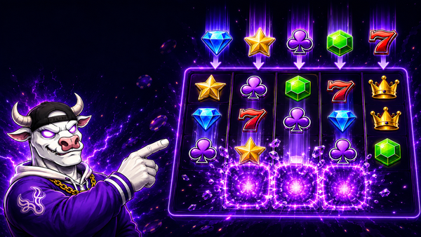 Illustration of the Gambulls mascot beside a slot grid where winning symbols clear and new symbols cascade down.