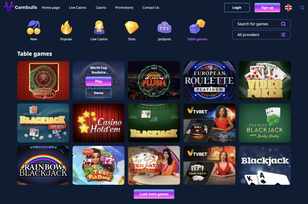 Screenshot of casino page showcasing roulette games on Gambulls.